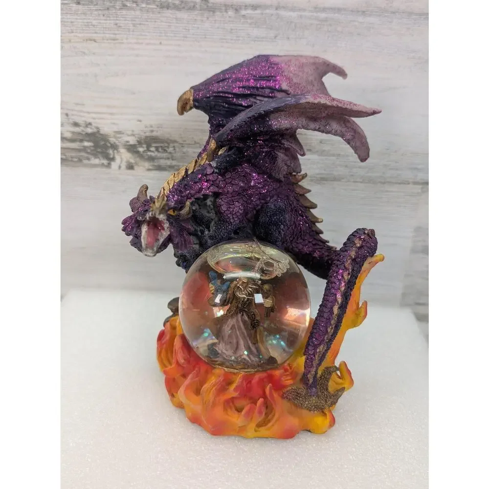 Purple Dragon Wizard Crystal Ball Resin Figurine Statue Fantasy‎ Flames Glitter